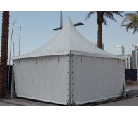 High‑peak Aluminium Pagoda Tent with PVC canopy and removable side curtains, elegant pavilion for hotels, poolside lounges, garden events and premium outdoor hospitality spaces.